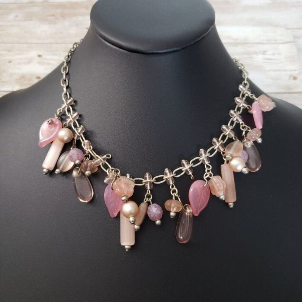 Vintage Necklace - Dusky Pink Charm Necklace Leaves & Flowers